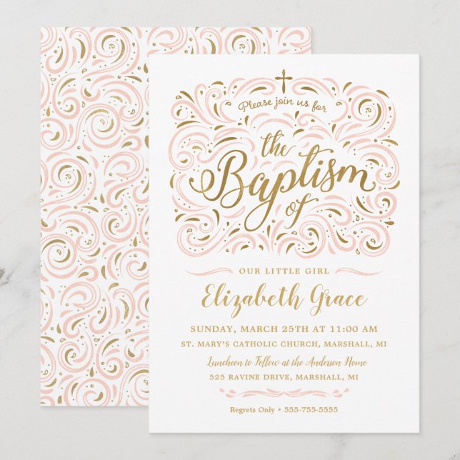 Invitation de baptême de fille de feuille d'or de (Devant / Derrière)