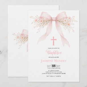 Invitation de baptême de fille florale avec un nœu