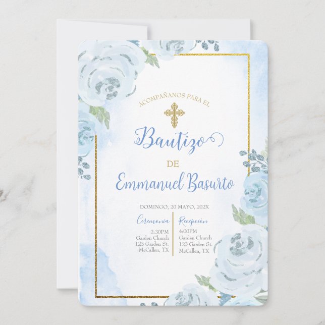Invitation de baptême de fleur bleu Dusty (Devant)
