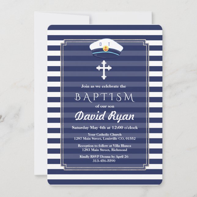 Invitation de baptême de garçon d'argent de marine (Devant)