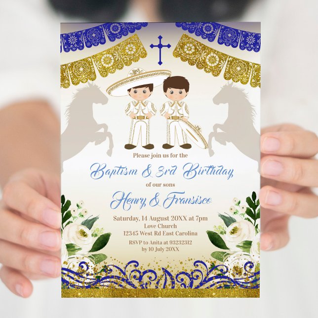 Invitation de Baptême des Garçons du Twin d'or mex (Créateur téléchargé)