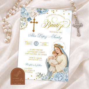 Invitation de baptême du rosaire floral bleu et or