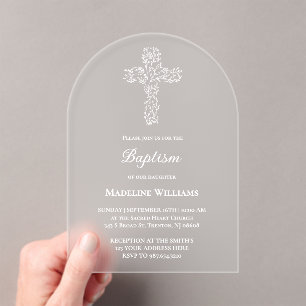 Invitation de baptême en acrylique avec croix blan