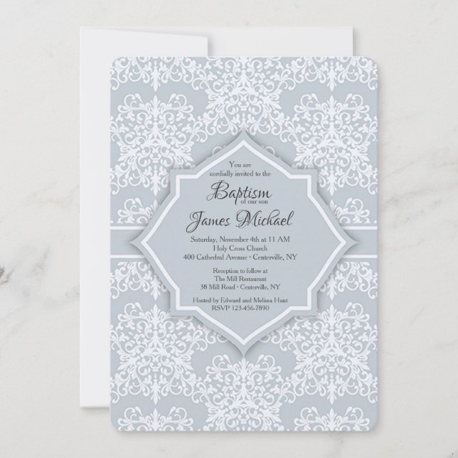Invitation de baptême en damas gris (Devant)