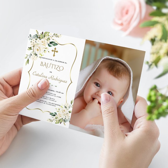 Invitation de baptême en or avec fleurs Photo Bapt (baptism bautizo baby photo invitation gold white flowers)