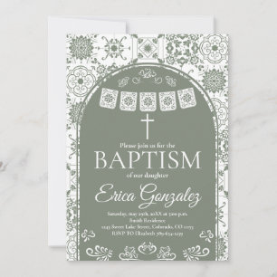Invitation de baptême en papel picado vert sauge