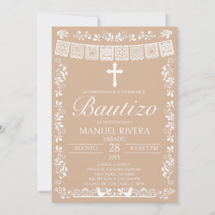 Invitation de baptême espagnole Beige Papel Picado