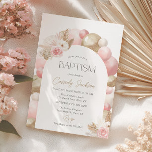 Invitation de baptême fille au ballon rose et herb
