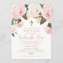 Invitation de baptême | Fleurs roses dorées