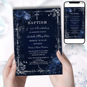 Invitation de baptême floral sombre bleu foncé hum