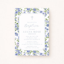 Invitation de baptême florale bleue pour fille