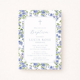 Invitation de baptême florale bleue pour fille