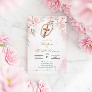 Invitation de baptême florale rose croix
