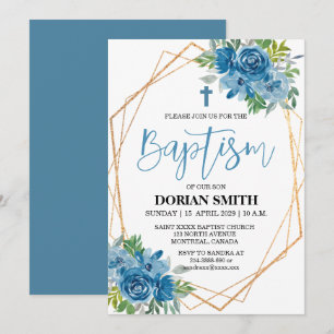 Invitation de baptême garçon à motif floral bleu