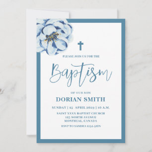 Invitation de baptême garçon à motif floral bleu