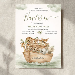 Invitation de baptême garçon Arche de Noé vert sau