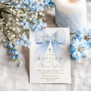 Invitation de baptême garçon au nœud floral bleu