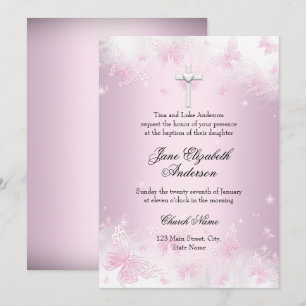 Invitation de baptême jolie papillon rose & croix