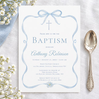 Invitation de baptême moderne avec ruban bleu pour