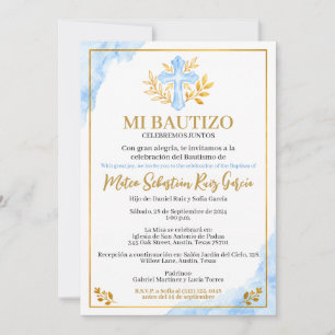 Invitation de Baptême Mon Baptême Bleu Croix