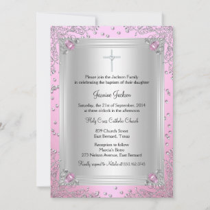 Invitation de baptême parure de bijou rose scintil