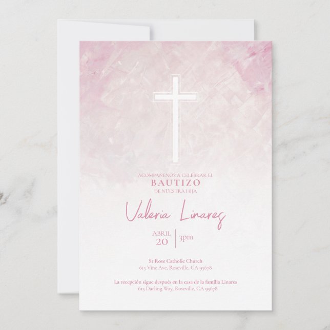 Invitation de Baptême Petite Fille Rose (Devant)