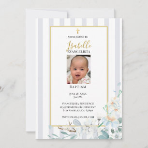 Invitation de baptême photo florale élégante bleu