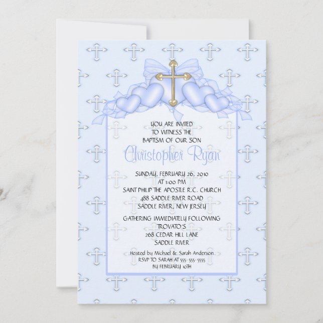 Invitation de baptême pour bébé garçon Croix et Cœ (Devant)