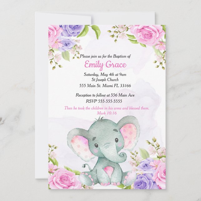 Invitation de baptême pour fille éléphant à l'aqua (Devant)