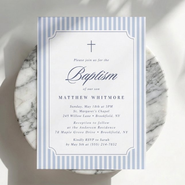 Invitation de baptême rayée bleu clair (Créateur téléchargé)