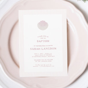Invitation de baptême rose blanc coquillage côtier