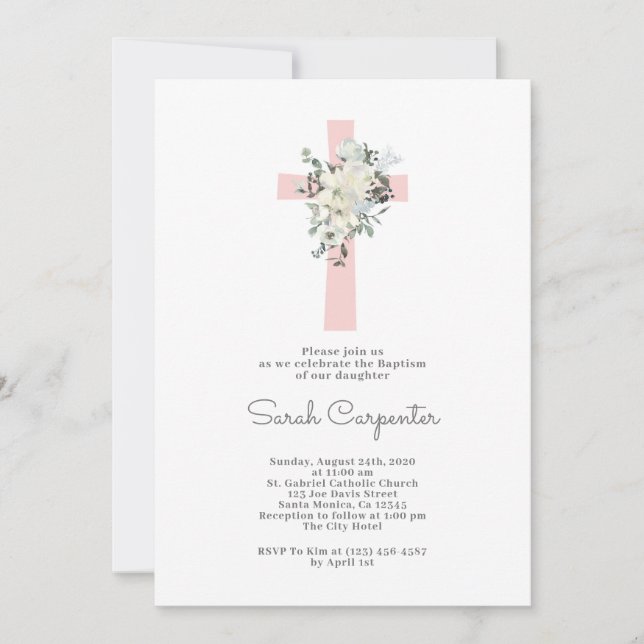 Invitation de Baptême rose pâle (Devant)