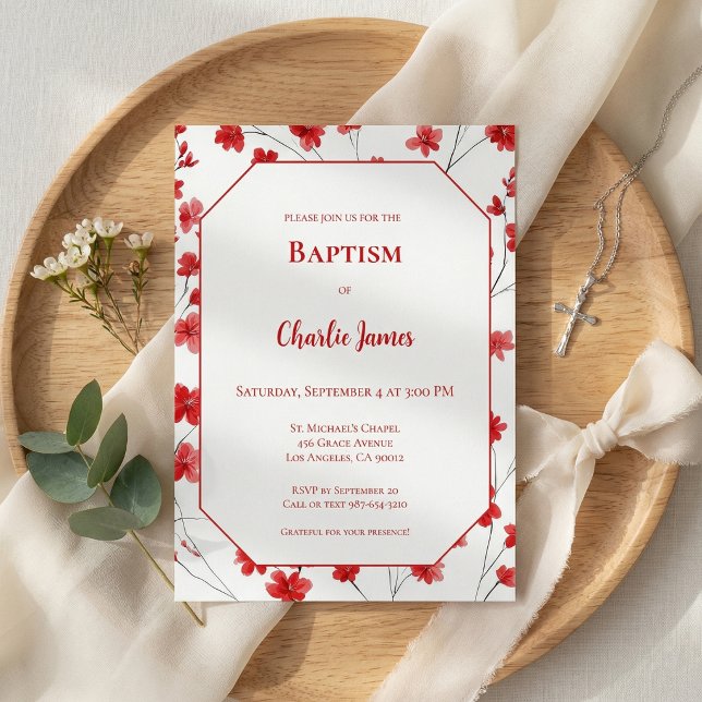 Invitation de baptême rouge botanique (Créateur téléchargé)