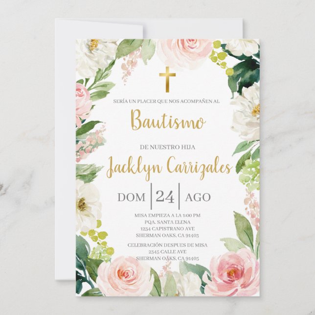 Invitation de baptême vert et rose fleuri (Devant)