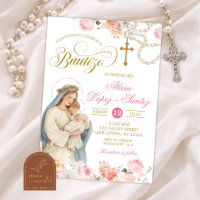 Invitation de baptême Vierge Marie Florale Rose Te