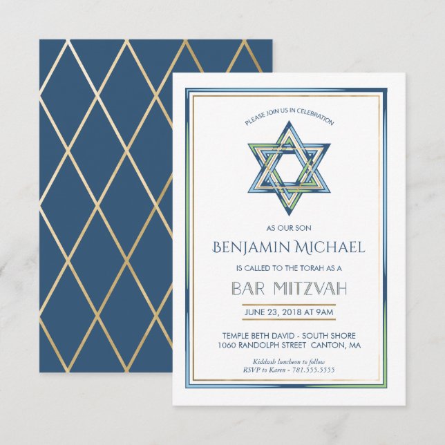Invitation de Bar Mitzvah - Étoile de David avec o (Devant / Derrière)