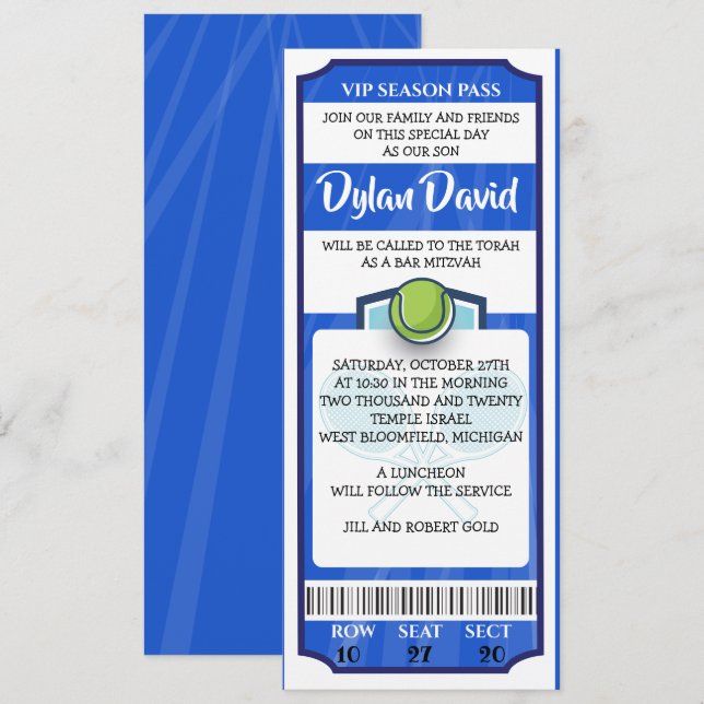 Invitation de Bar Mitzvah pour billet de TENNIS (Devant / Derrière)