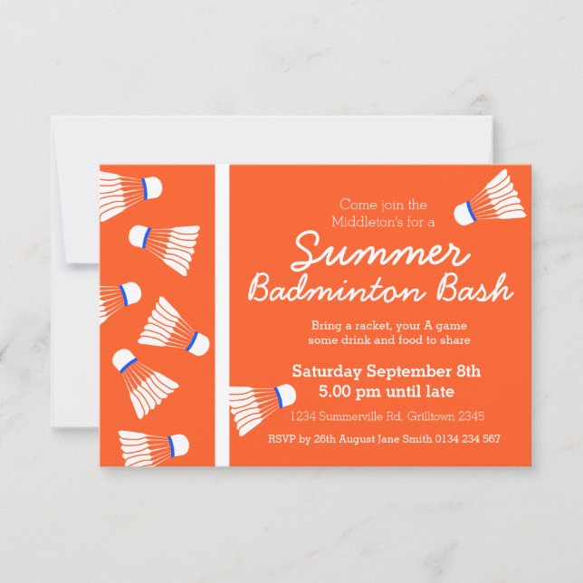 Invitation de bash badminton d'été orange et blanc (Devant)