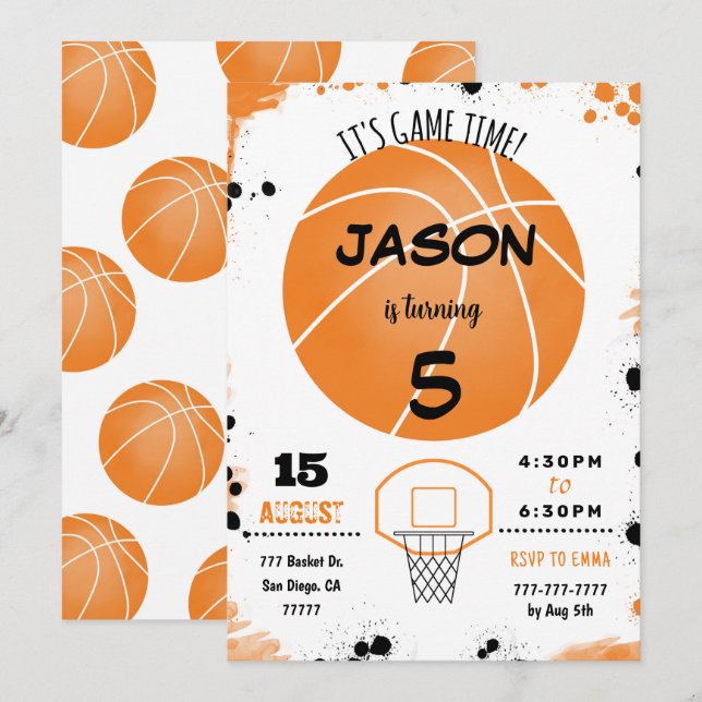 Invitation de basket-ball orange (Devant / Derrière)