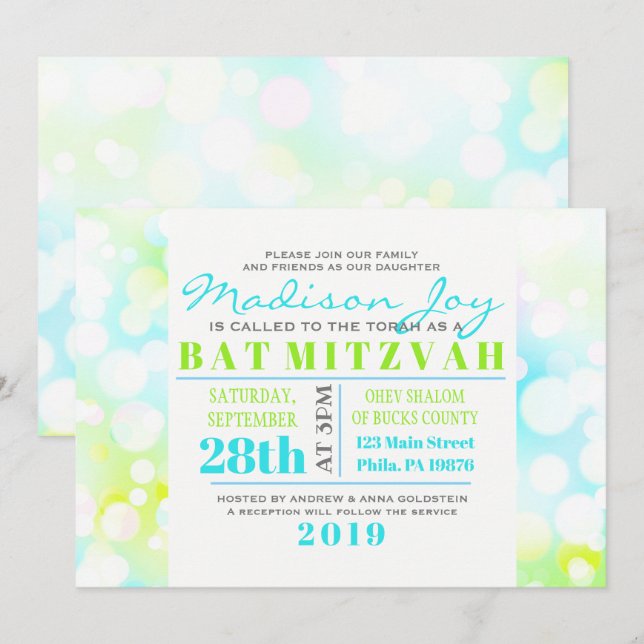 Invitation de Bat Mitzvah BULLLES LUMINEUSES (Devant / Derrière)