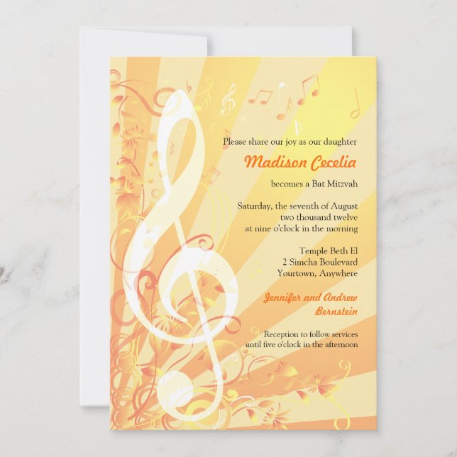 Invitation de bat mitzvah de clefs de musique (Devant)