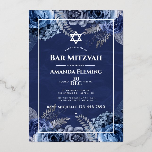 Invitation de Bat mitzvah floral marine et argenté (Recto)