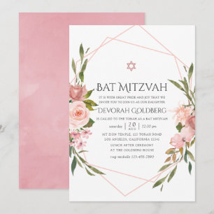 Invitation de Bat Mitzvah florale rose poudré