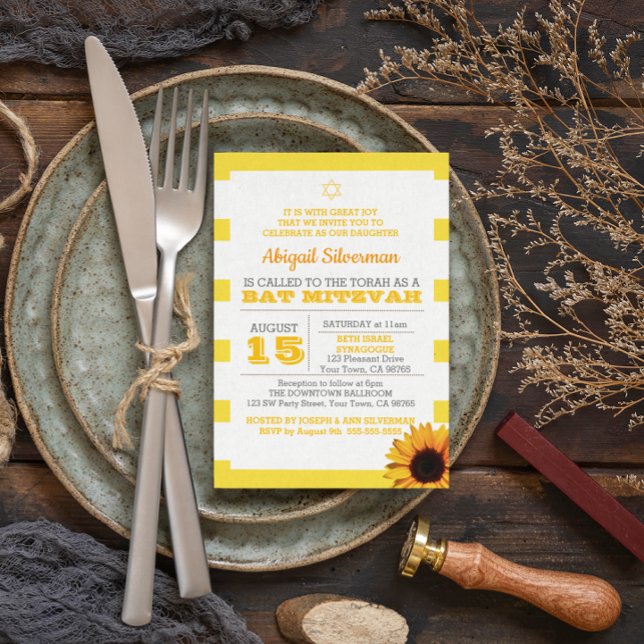Invitation de Bat mitzvah Gold Stripe et Sunflower (Créateur téléchargé)