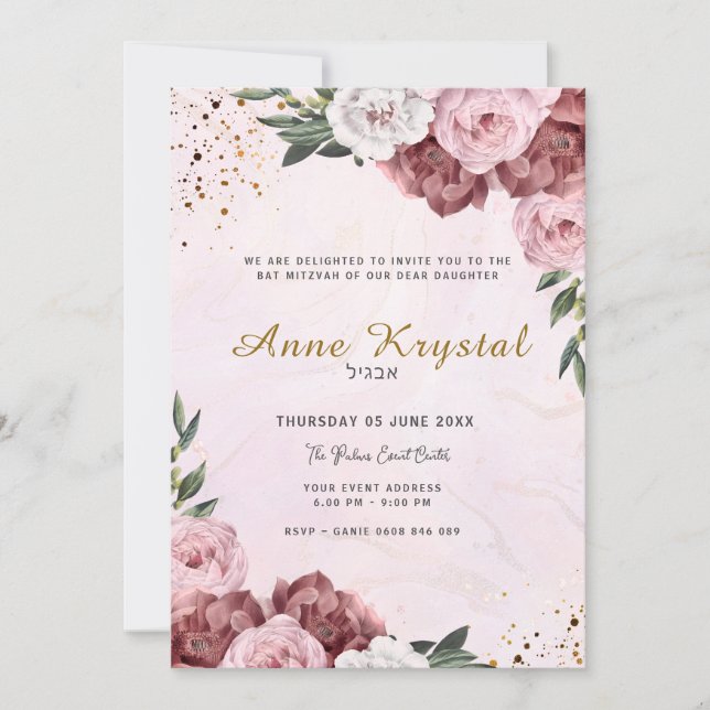 Invitation de Bat Mitzvah rose et or (Devant)