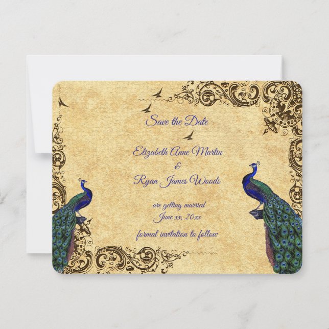 Invitation De beaux paons sauvez la date (Devant)