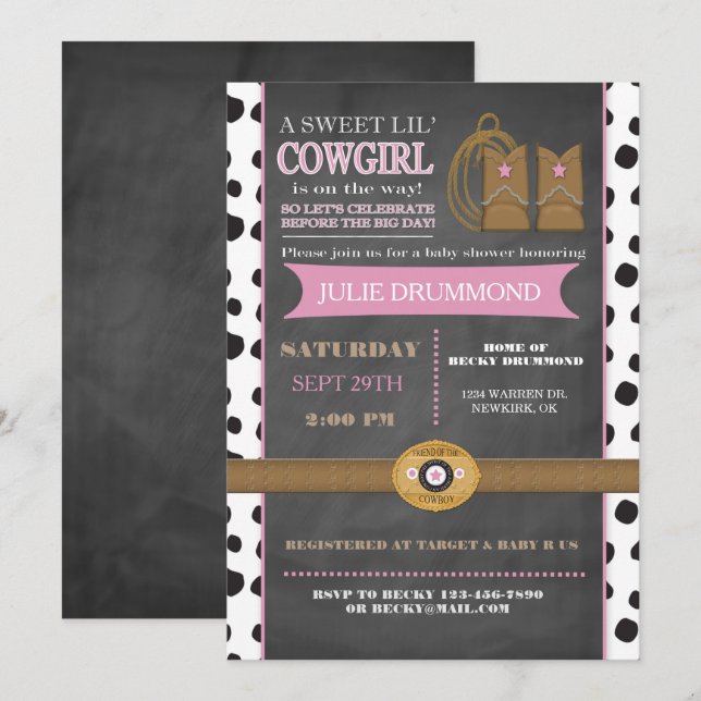 Invitation de bébé de tableau de cow-girl dans le (Devant / Derrière)