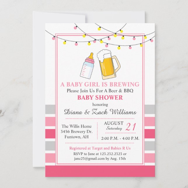 Invitation de bière et Baby shower rose (Devant)