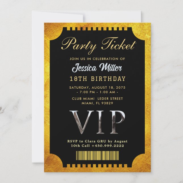 Invitation de billet de fête doré (Devant)