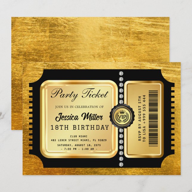 Invitation de billet de fête doré (Devant / Derrière)